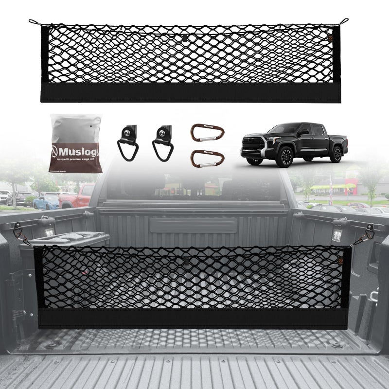 Muslogy Truck Bed Cargo Net Compatible with Toyota Tundra 2007-2024 2025 Accessories Storage Organizer Pickup Truck Bed Envelope Style Cargo Net with Heavy Duty Carabiners - Image 1